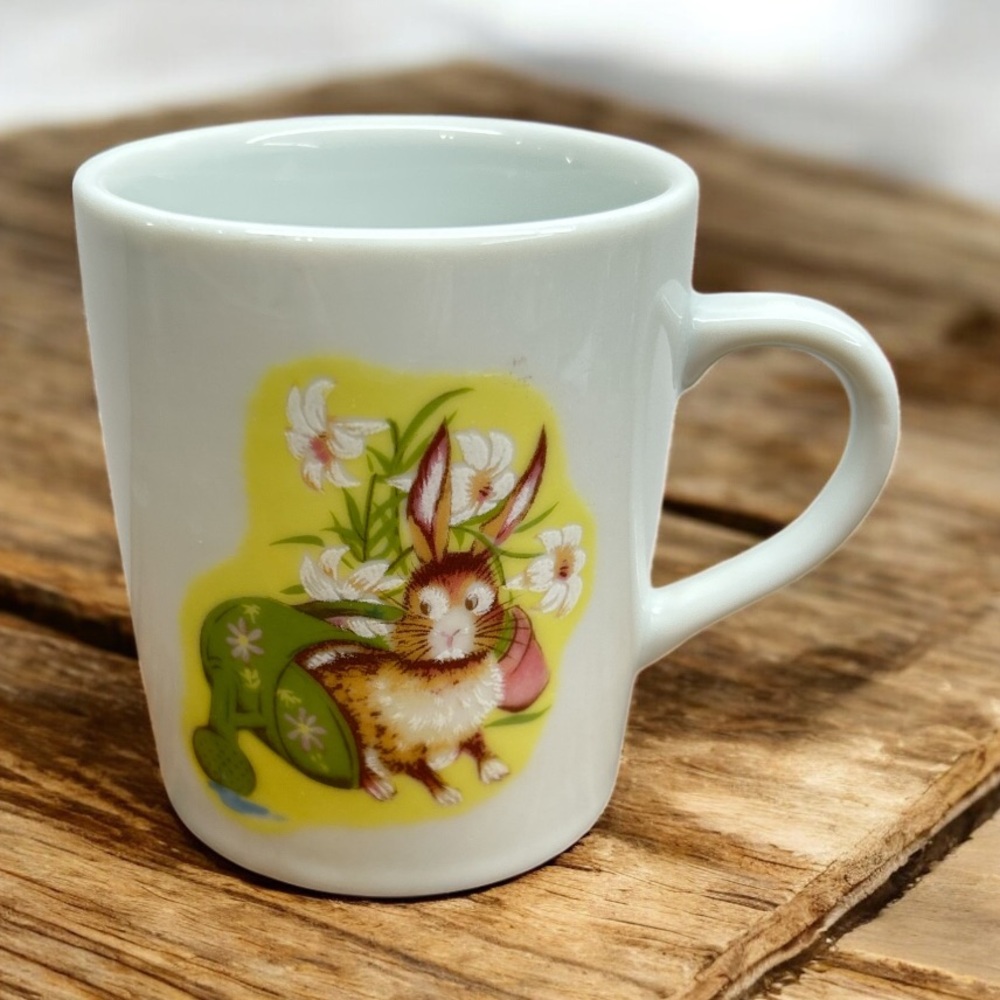 Vintage Small White Ceramic Spring Easter Mug With Rabbit Florals Made In Japan